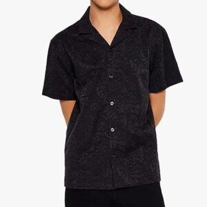 Forever 21 Textured Floral Lace Short-Sleeve Button-Up Shirt Black S